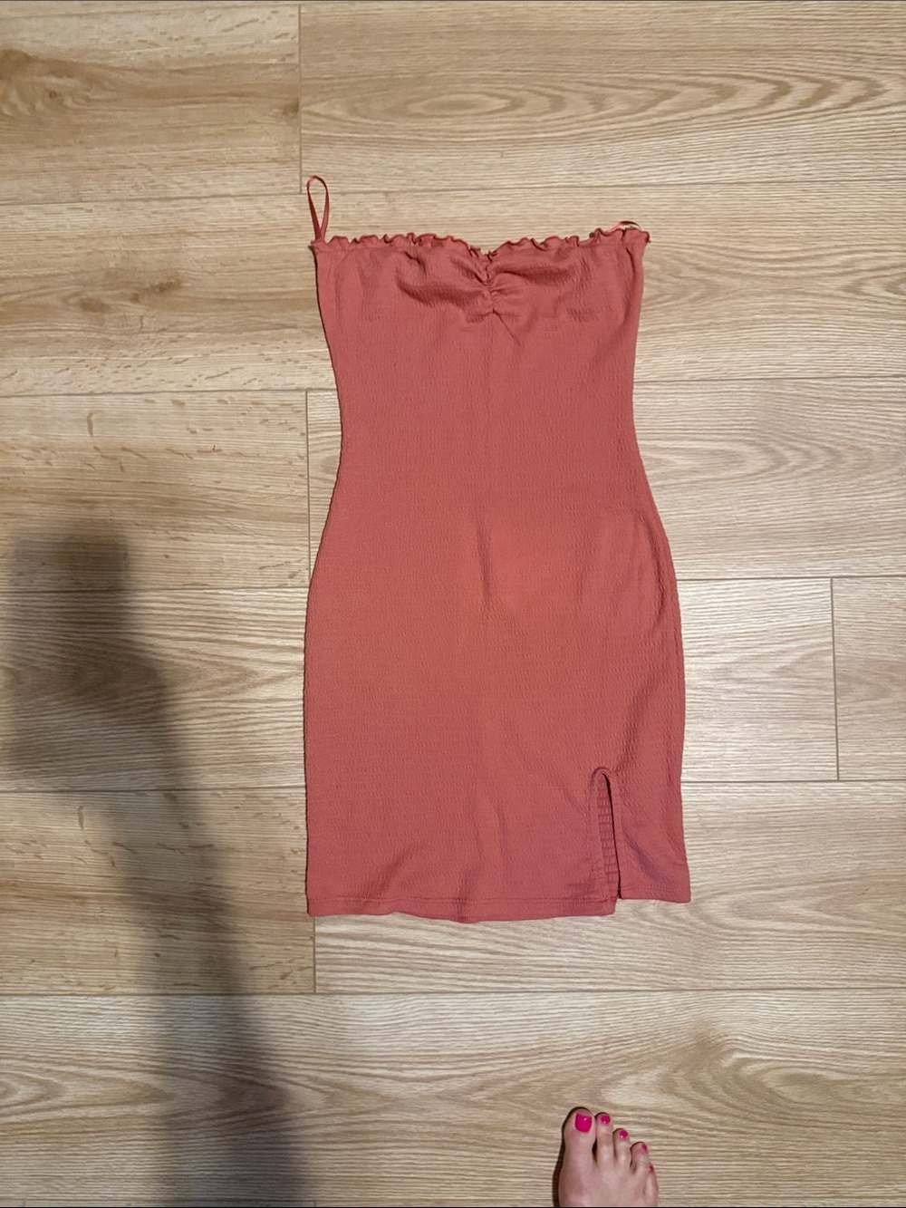 Strapless Ruffle-Trim Bodycon Dress in Rust Pink